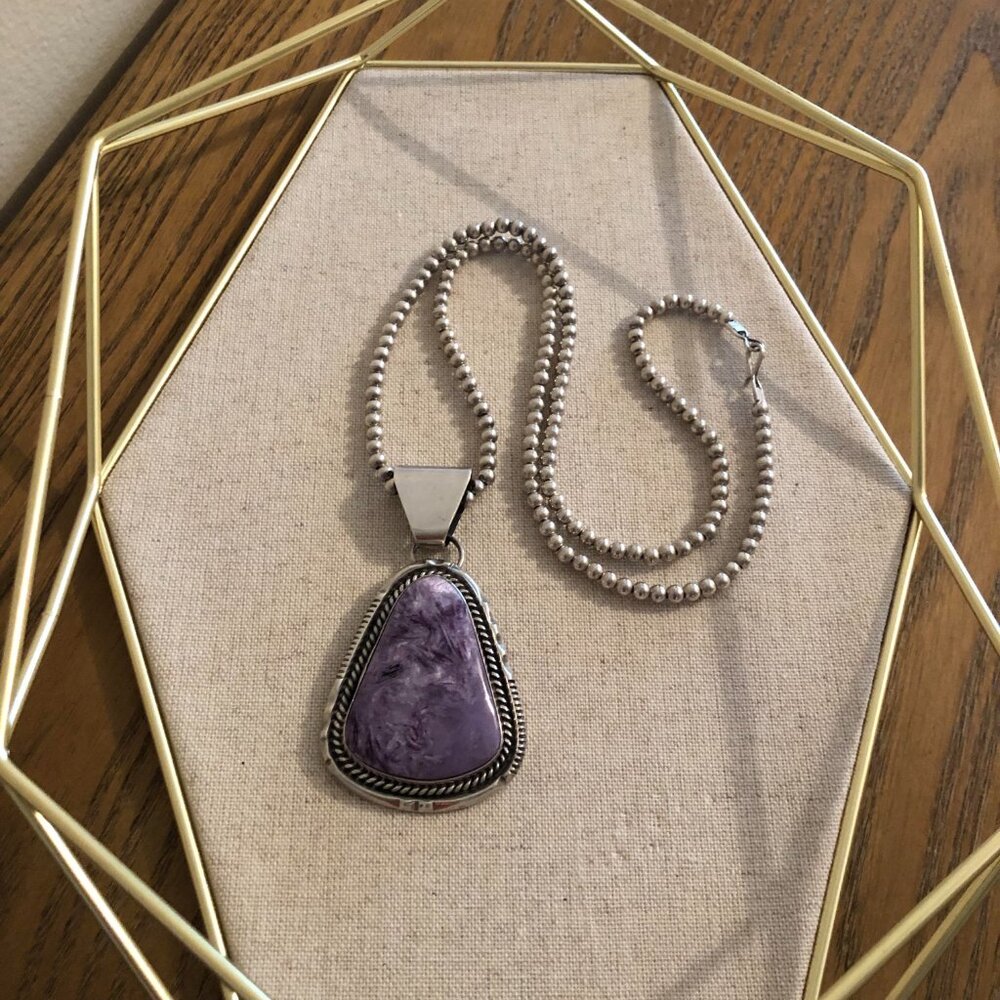 Navajo Sterling Silver Charoite Pendant Signed Vintage